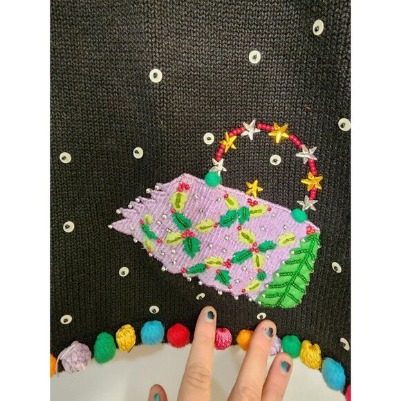 Berek Ugly Christmas Sweater Sz Medium Santa Snowman Presents Purses Pom Pom - Picture 8 of 9